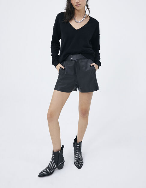 Zwarte leren short hoge taille blokmotief Dames 