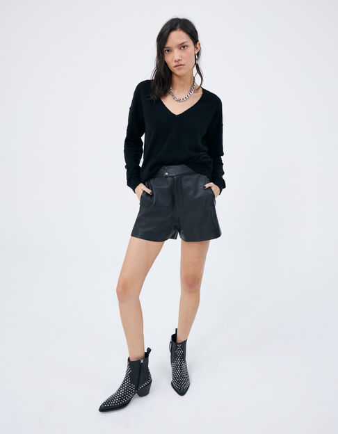 Women’s black checkerboard motif leather high-waist shorts