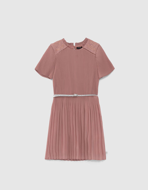 Girls’ pink pleated dress with embroidered shoulders - IKKS