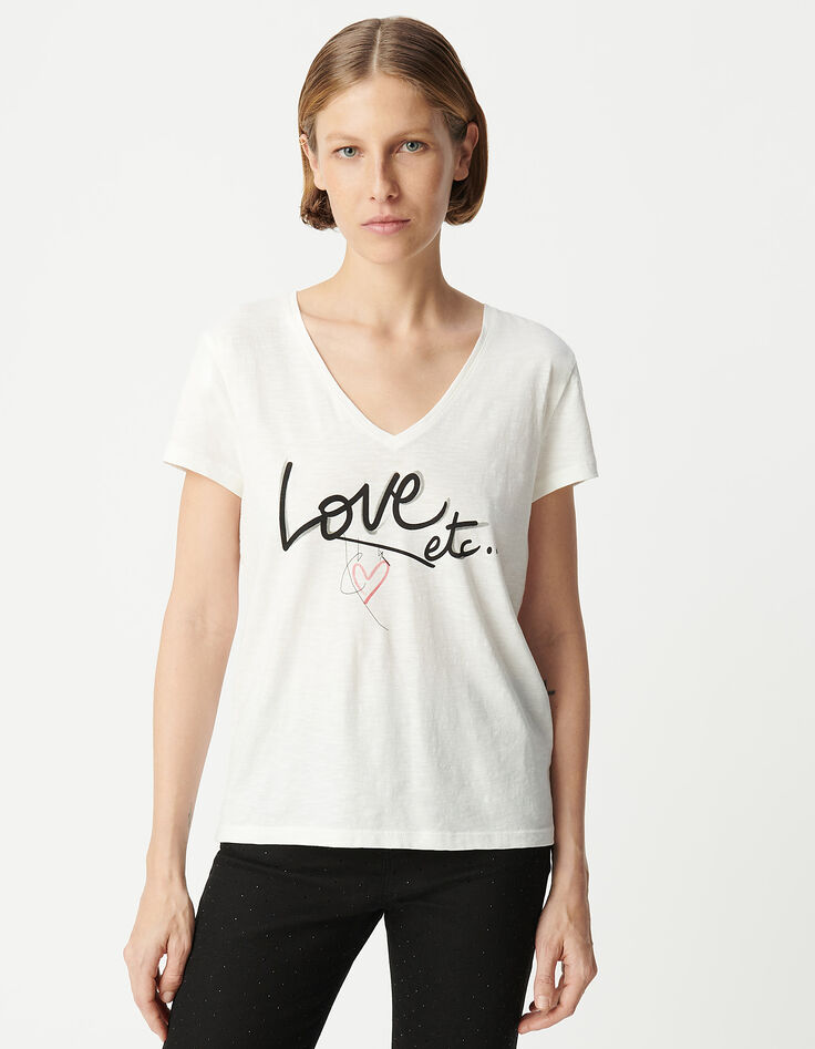 Tee-shirt col V blanc coton bio message Femme-2