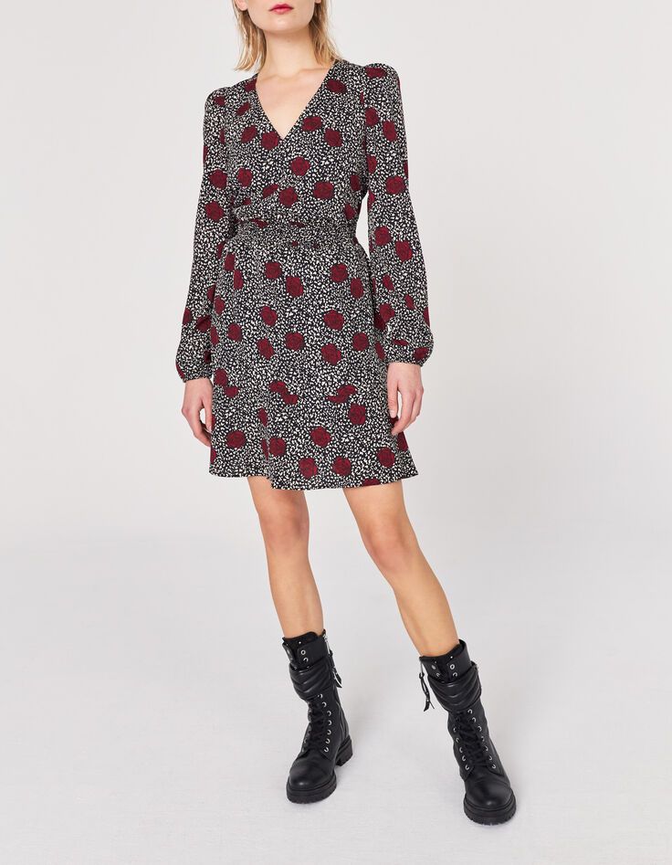 Robe en crêpe recyclé motif roses sur fond léopard femme-1