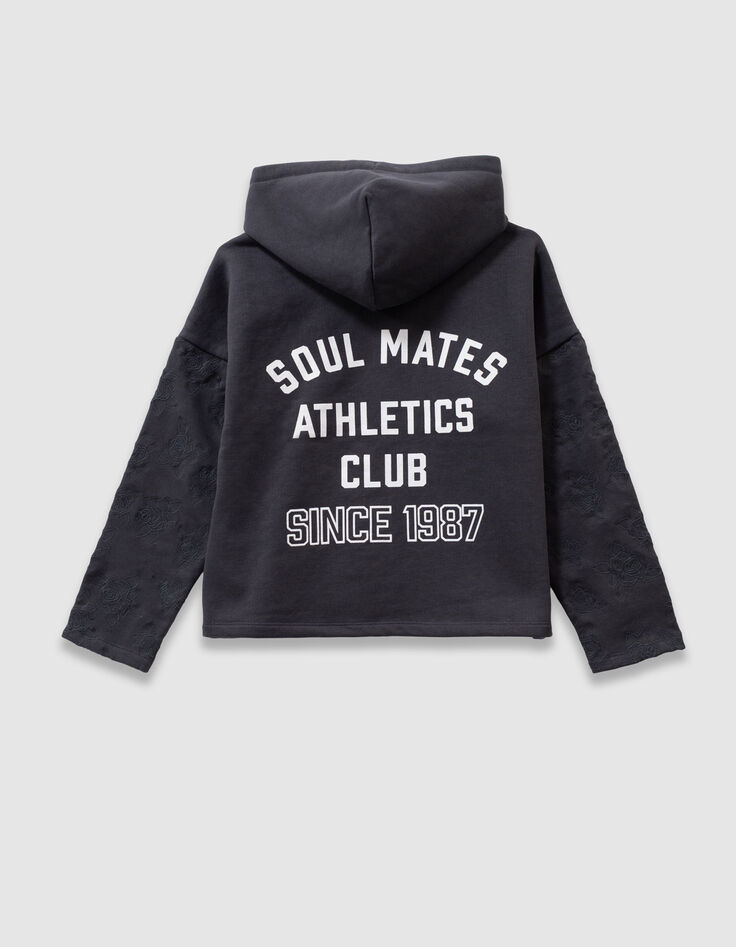Sudadera capucha gris mangas bordadas niña-4