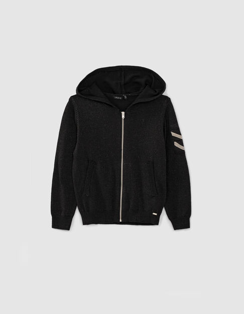 Schwarze Mädchenstrickjacke mit Lurex und Fischgräten