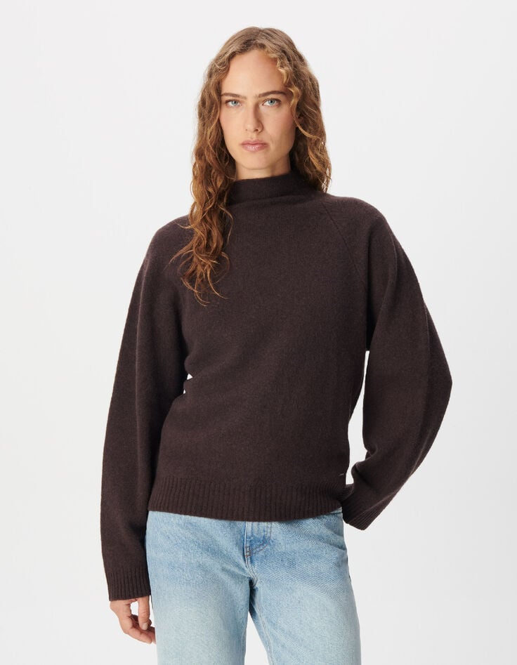 Jersey marr&oacute;n cuello alto 100 % lana para mujer-1