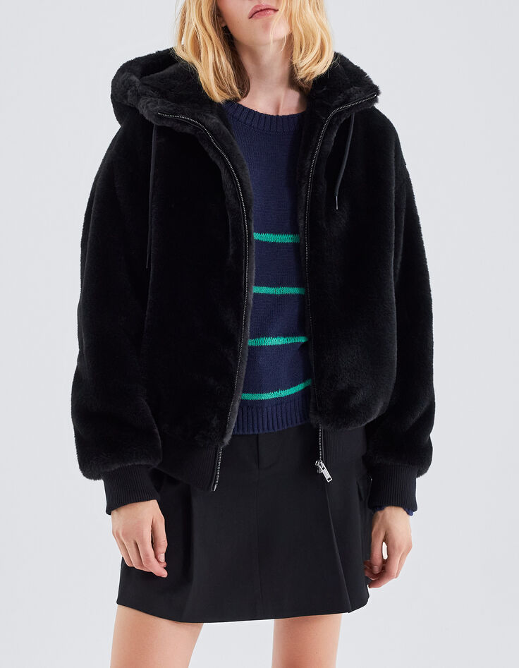 Blouson noir à capuche chevrons verts au dos Femme-3