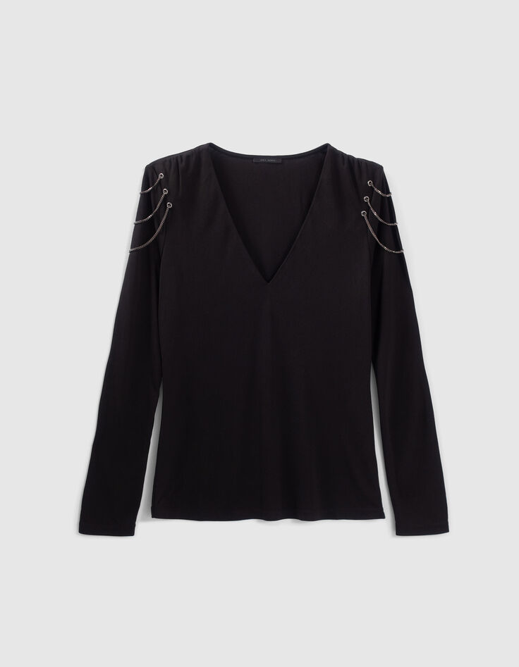 Blouse noire recyclée détails chaînes épaules Femme-6
