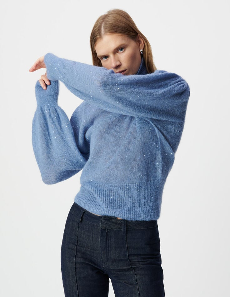 Damen-Rollpulli blau Strick Pailletten Ballon&auml;rmel-3