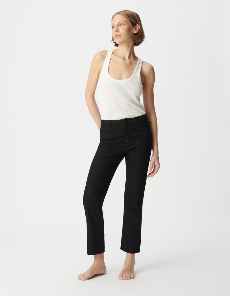 Schwarze, gerade geschnittene Damen-Jeans mit schwarzen Strasssteinverzierungen-2