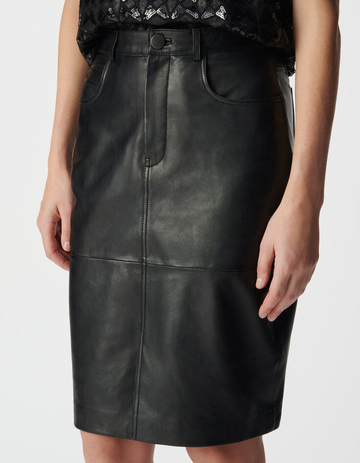 Jupe droite noire cuir longueur genoux Femme-5