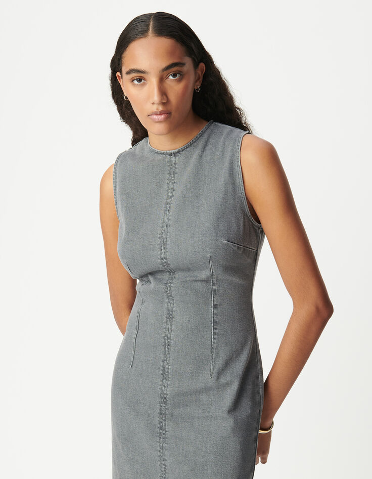 Vestido vaquero gris sin mangas con aberturas Mujer-4