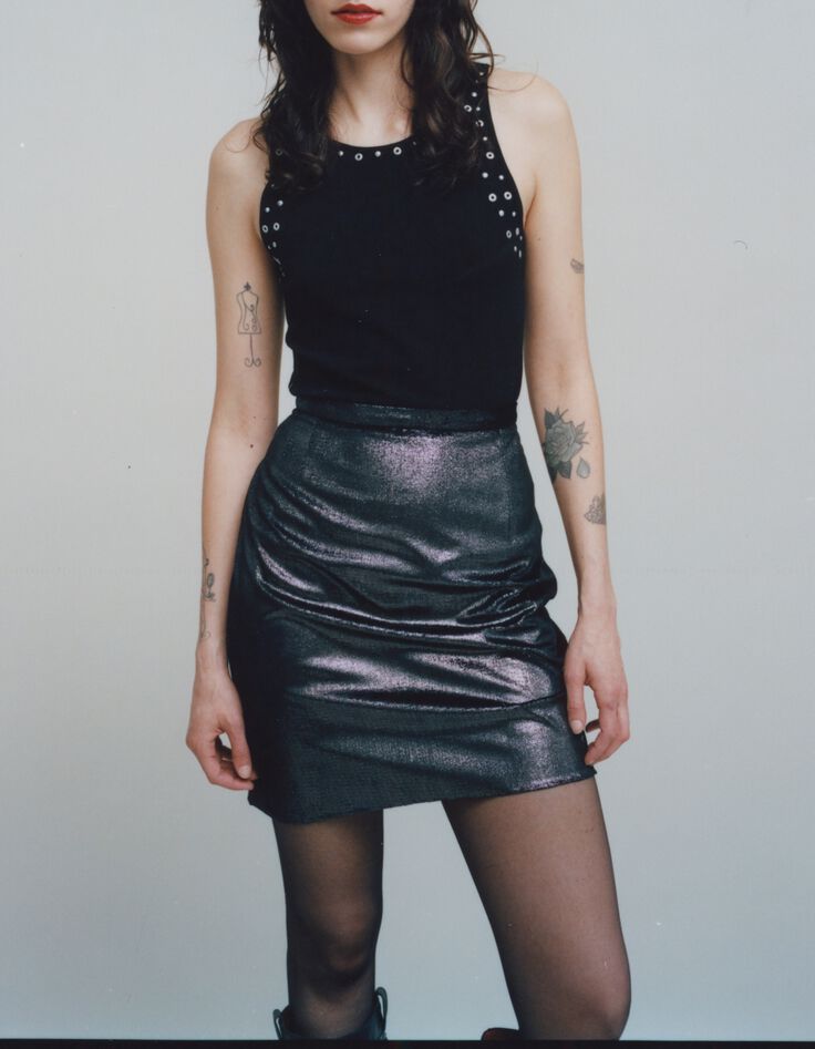 Jupe midi argentée velours métallisé Femme-7