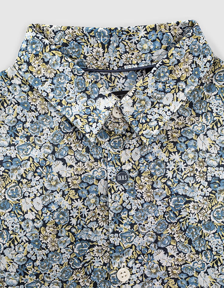 Chemise blanc cassé tissu Liberty fleurs bleues garçon -3