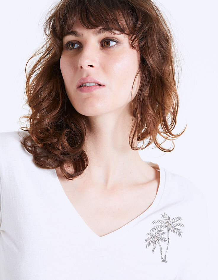 Tee-shirt col V broderie main bijou palmier femme-4 Tee-shirt col V broderie main bijou palmier femme-4