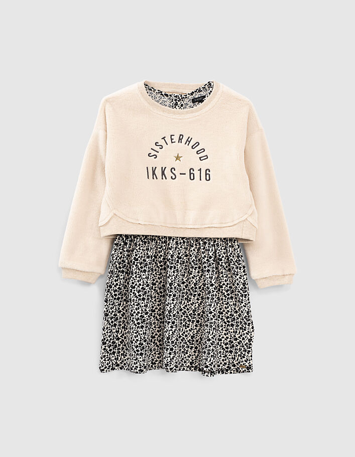 2-in-1-jurk zandkleurig luipaard-bloemen met sweater - IKKS