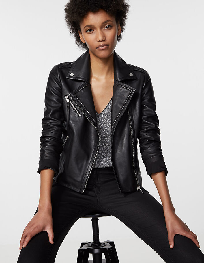 Women’s black zipped pocket lambskin leather jacket - IKKS