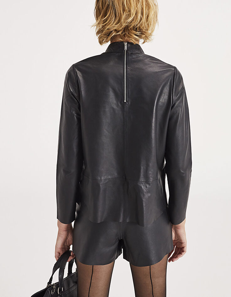 Schwarze Damenbluse aus Lammleder mit hohem Kragen-3