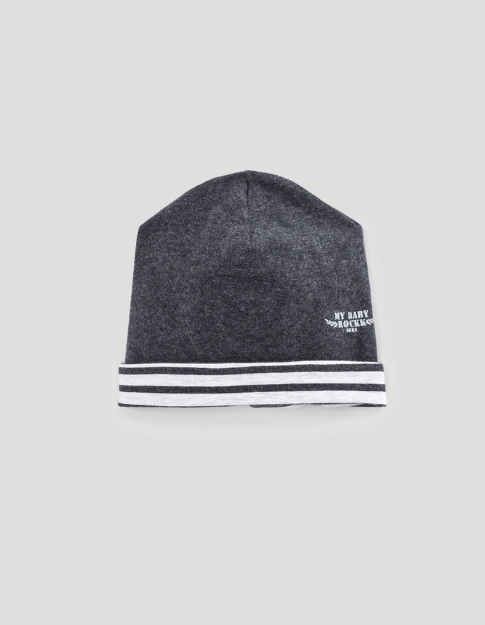 Gorro reversible gris jaspeado y rayas algodón bio bebé-1