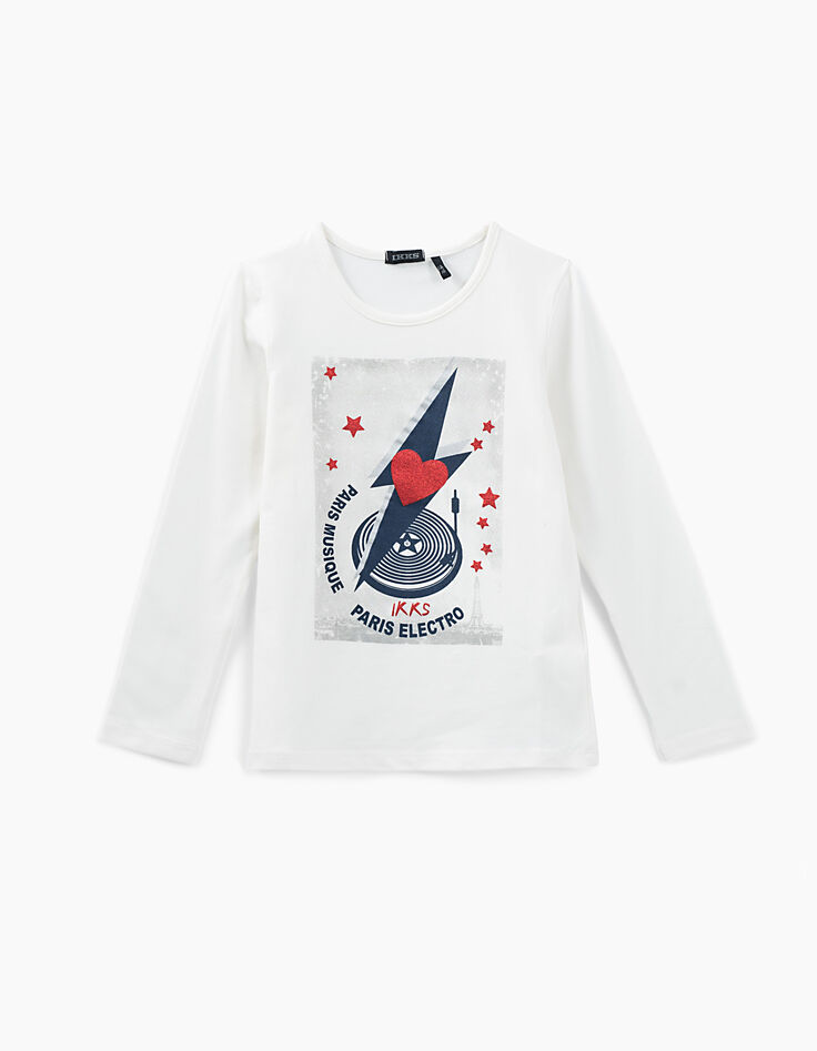 Gebroken wit T-shirt opdruk platendraaier meisjes-1