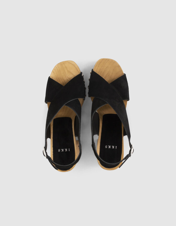 Women’s black studded suede sandals with wooden heel-3