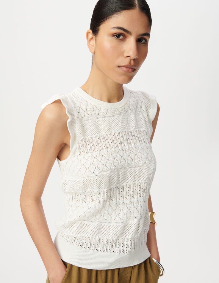Witte korte mouwloze trui fantasietricot Dames-3 Witte korte mouwloze trui fantasietricot Dames-3