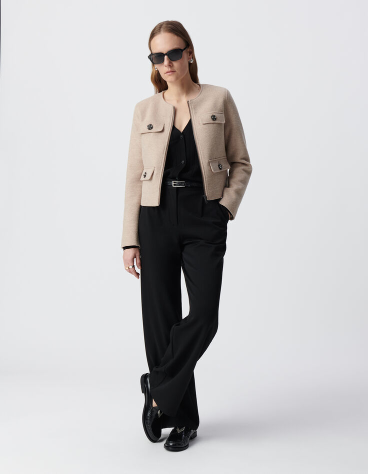 Women's straight beige wool jacket with rhinestone buttons-2