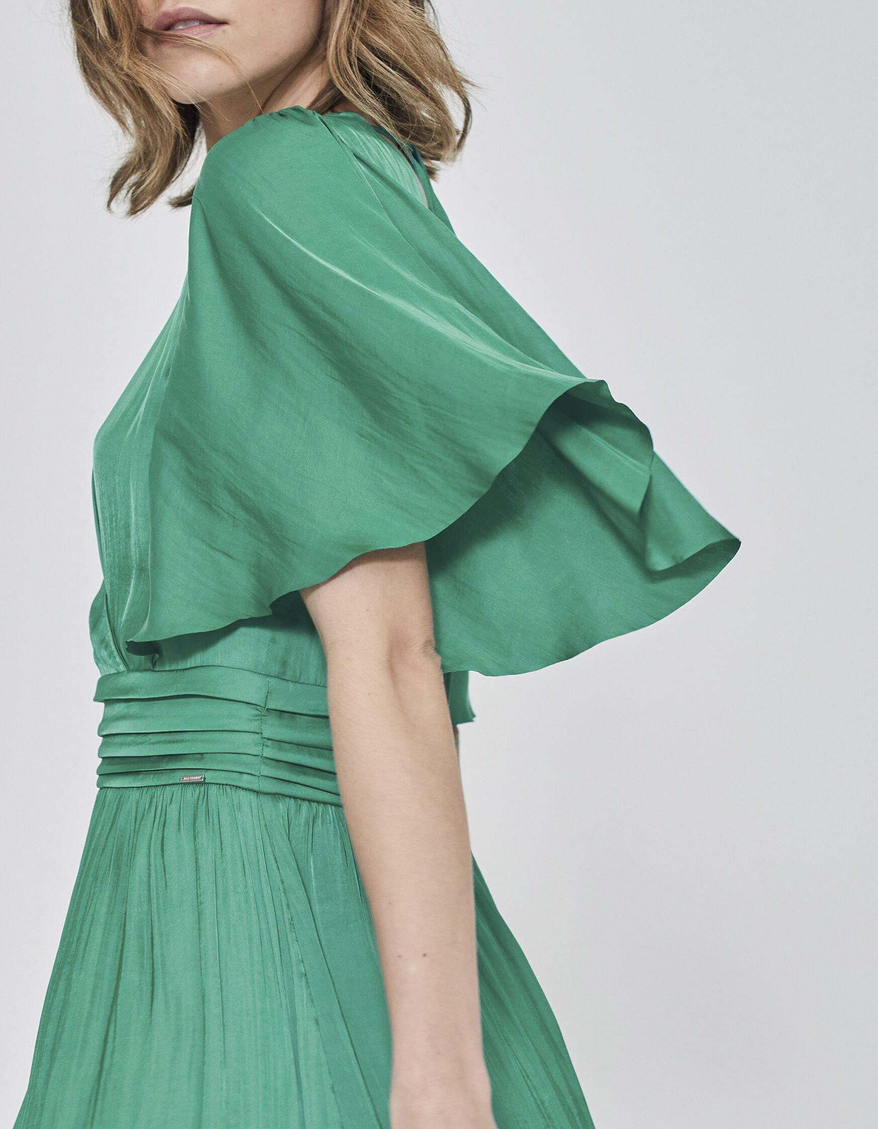 Women s green recycled satin dress with draped belt