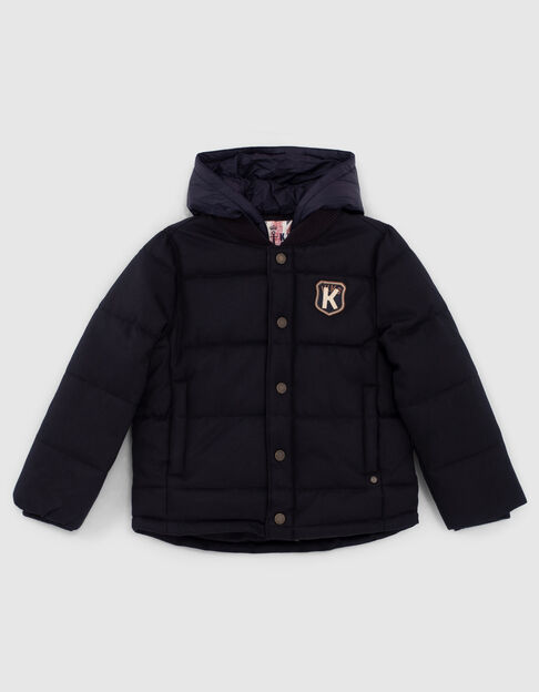 Boys' navy fabric-mix fur-lined padded jacket, nylon hood - IKKS