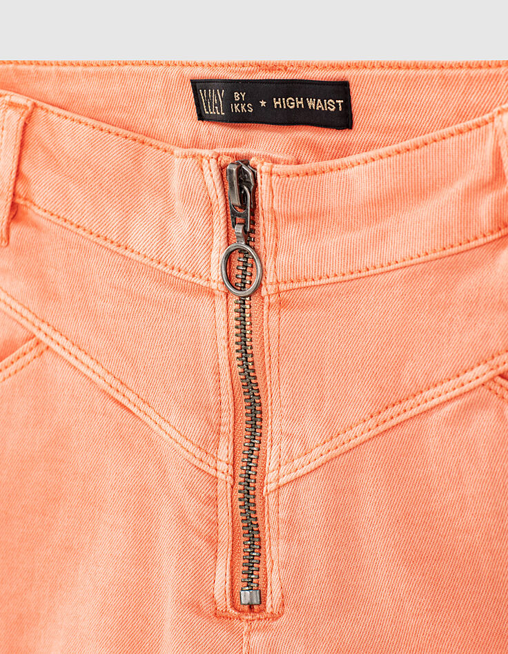 Short en jean corail fluo zippé à taille haute fille -2