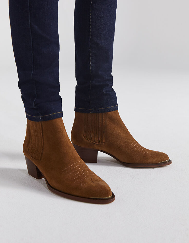 Women’s camel folk embroidery leather boots-2