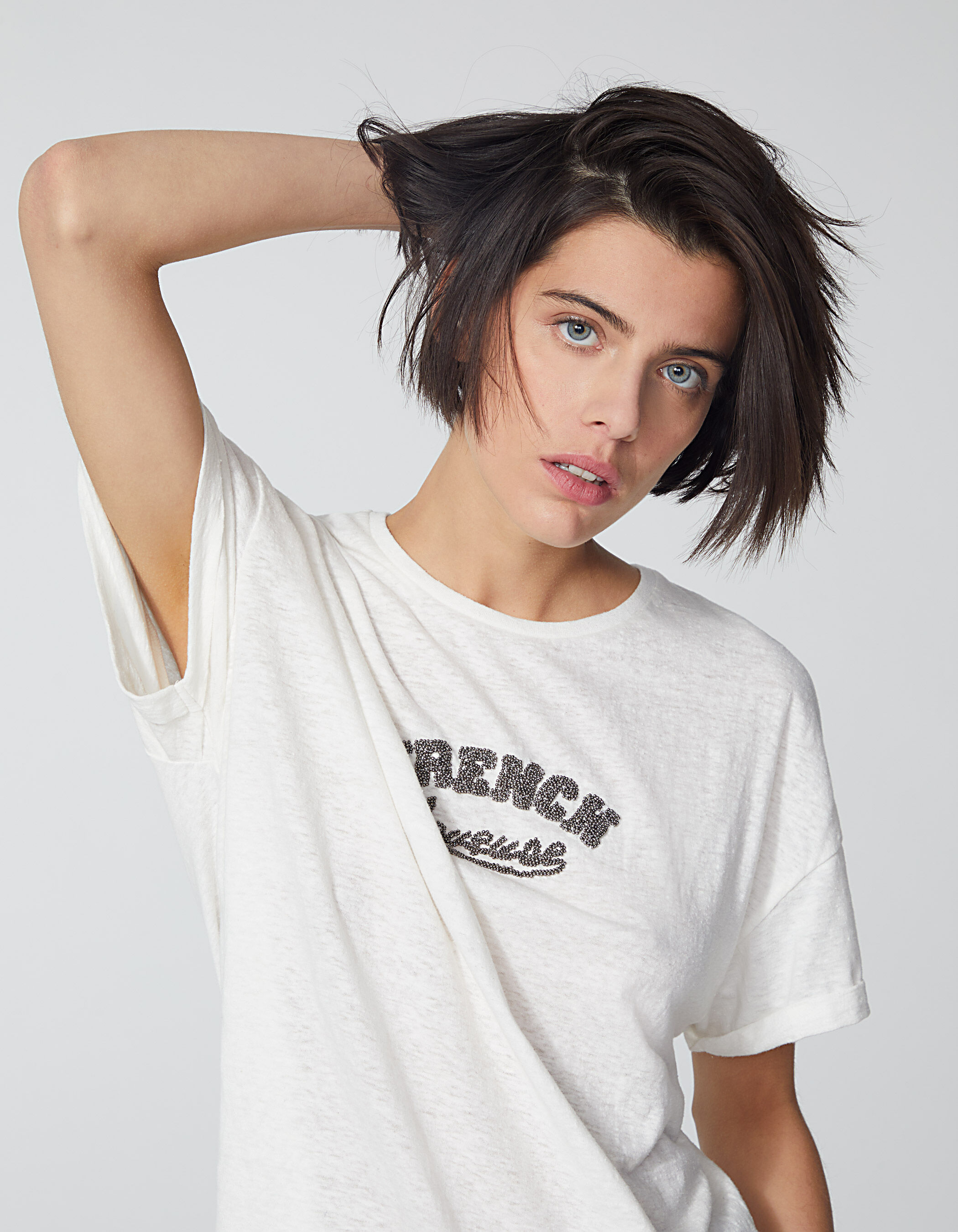 Gebroken wit T shirt tekst in parels dames