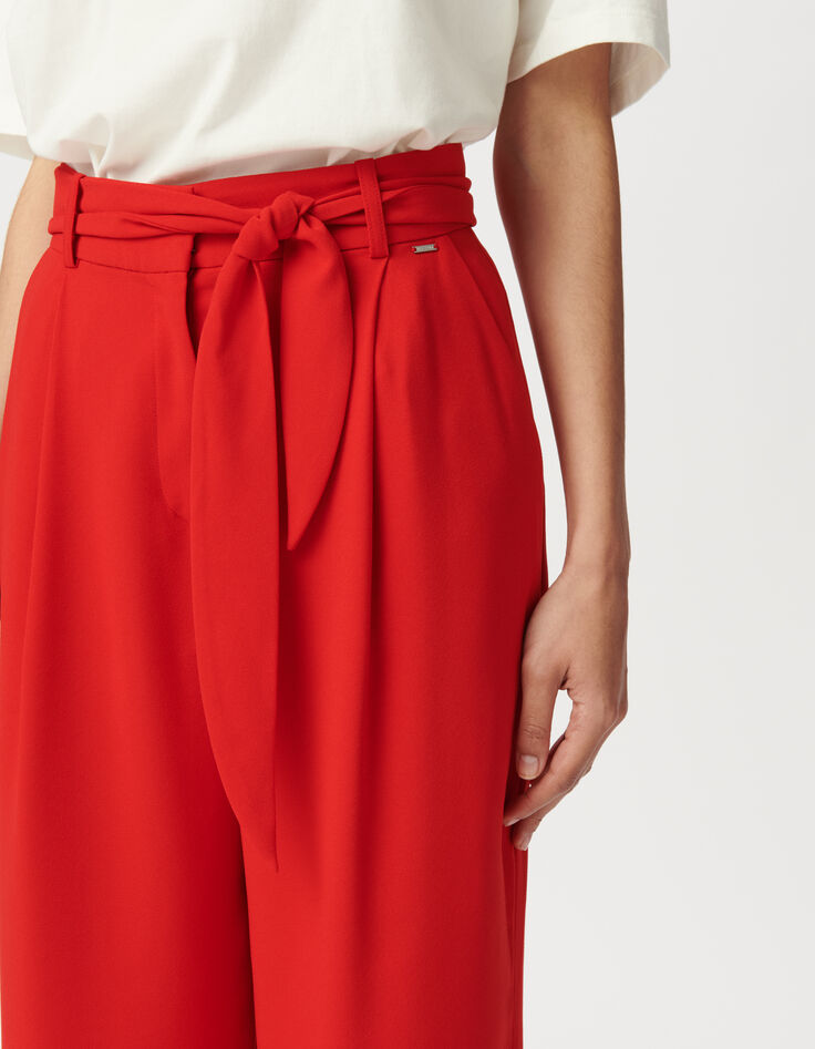 Rode brede geklede broek met ceintuur Dames-4