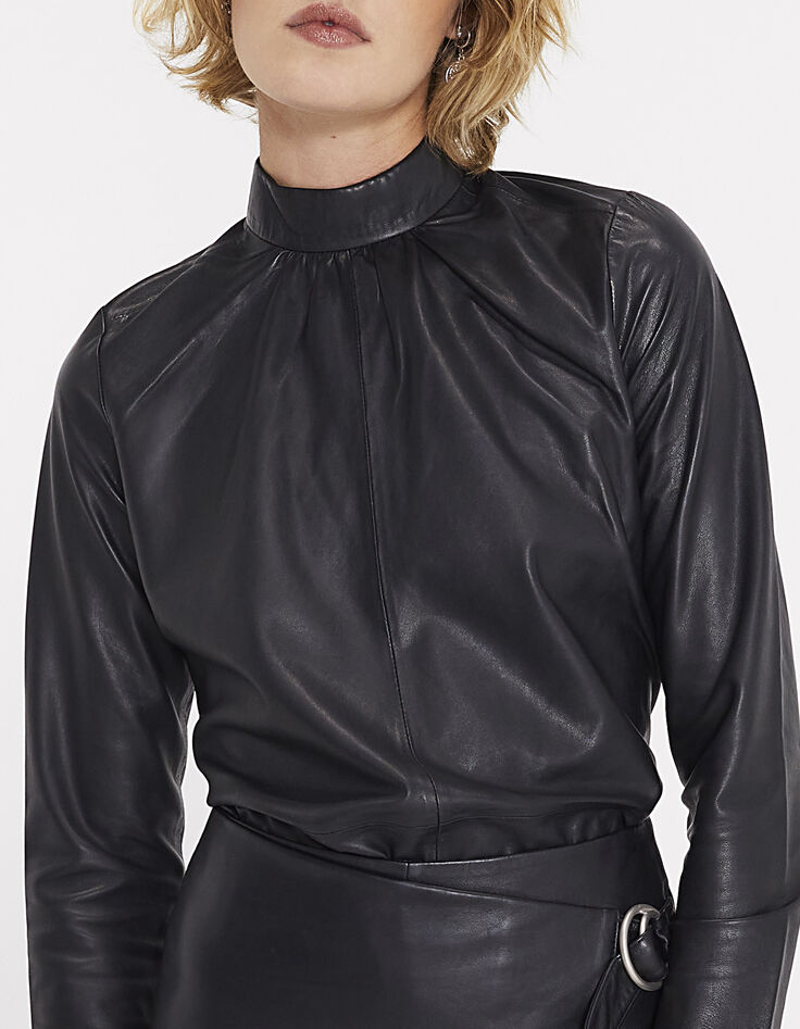 Schwarze Damenbluse aus Lammleder mit hohem Kragen-1