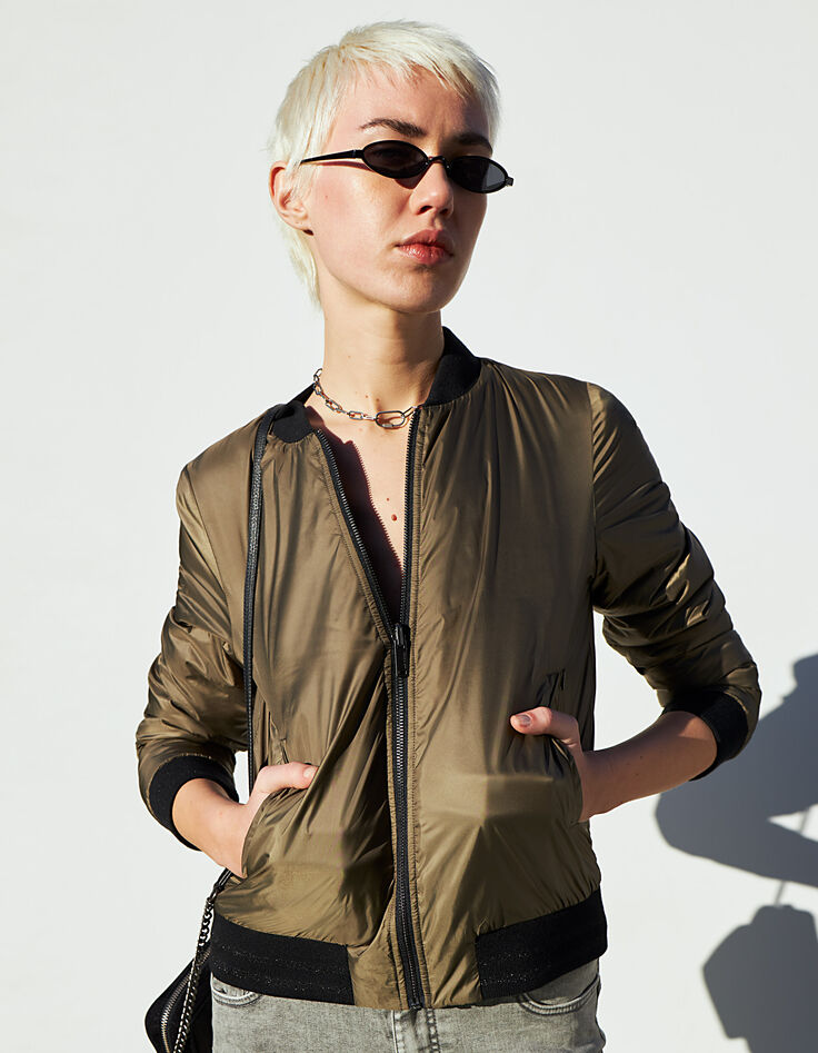 Women’s nylon satin reversible short bomber jacket-2