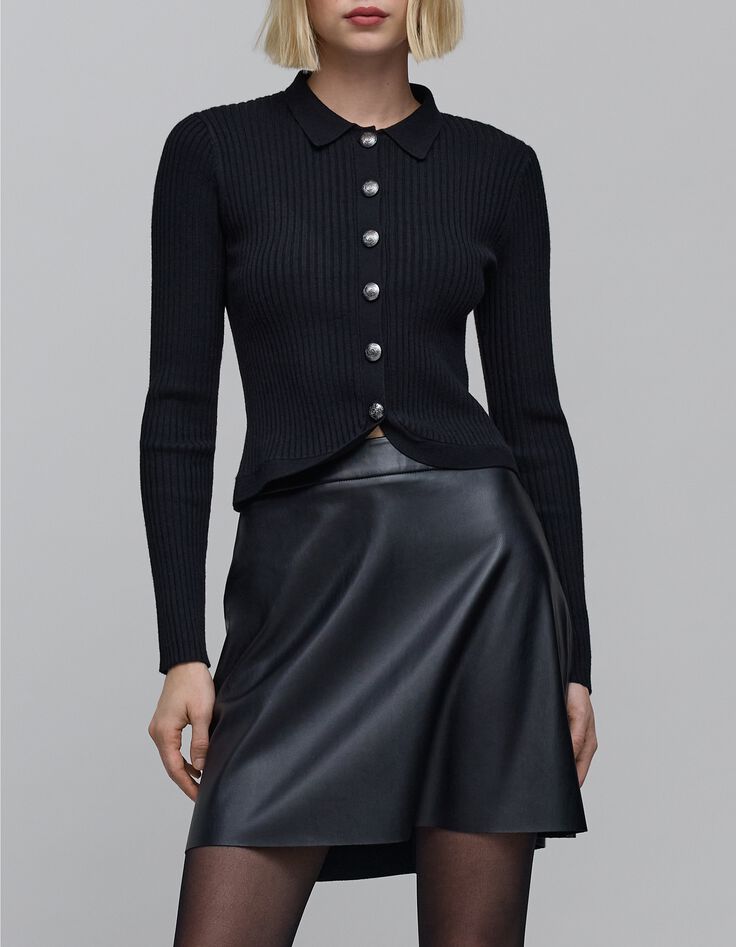 Schwarze gerippte Strickjacke mit Knopfleiste f&uuml;r Damen-3