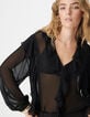 Blouse noire fluide &agrave; jabot et volants Femme-4