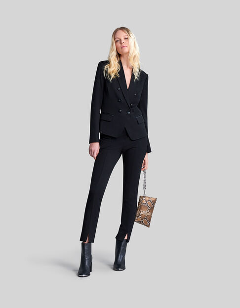 Women's slim-fit black twill trousers with front slit