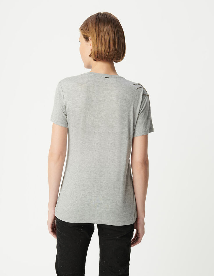 Tee-shirt gris décor perles métallisées épaule Femme-3