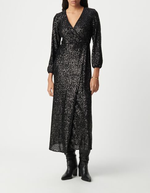 Women's black sequin-embroidered wrap dress - IKKS
