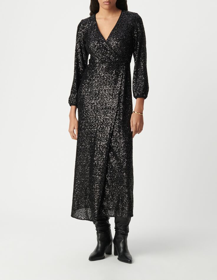 Women's black sequin-embroidered wrap dress-1