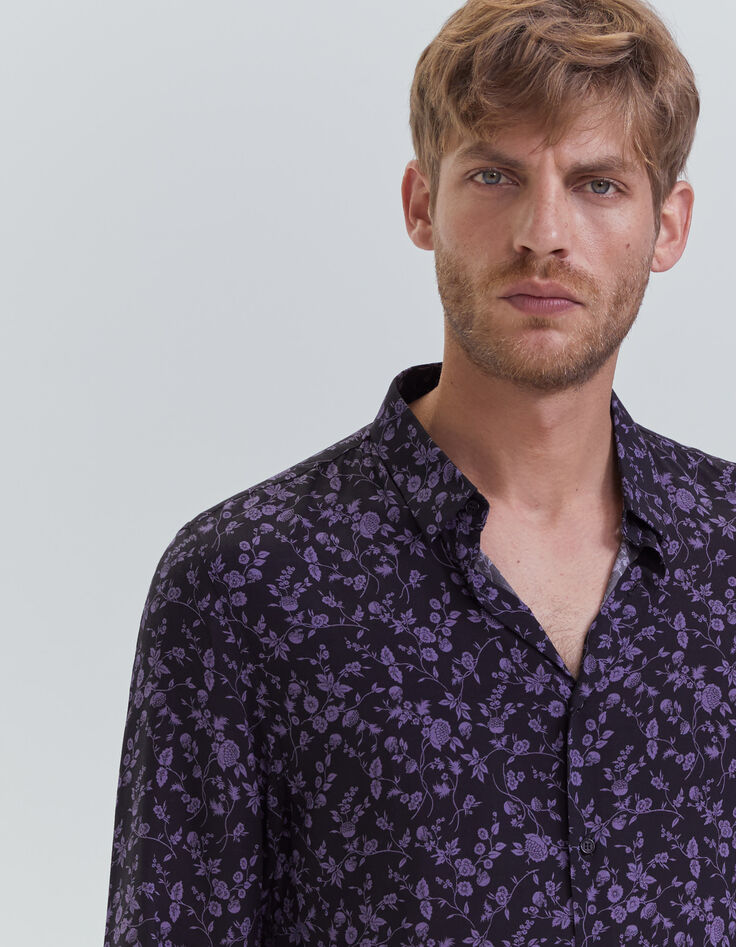 Men’s black LENZING™ ECOVERO™ SLIM shirt with dark purple flower motif-9