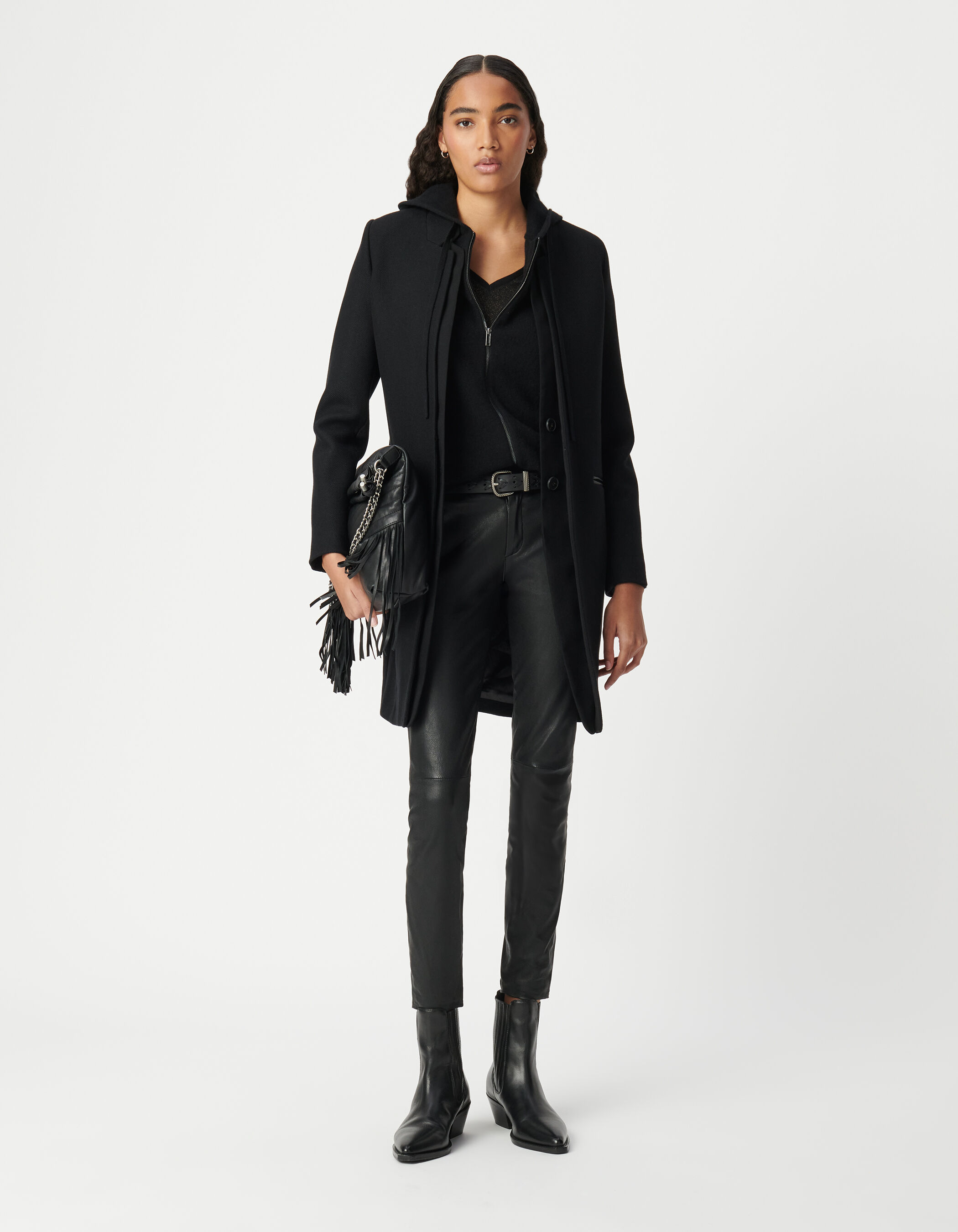 Manteau mi long noir double col enduit femme