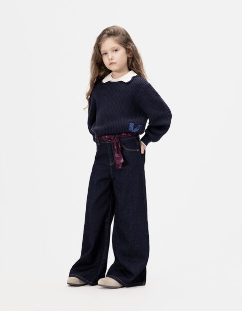 Girls’ blue wide-leg jeans with bouquet scarf belt - IKKS