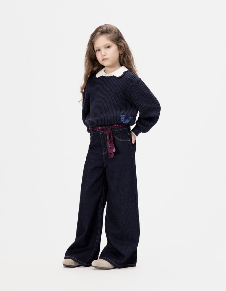 Blaue weite Mädchenjeans Blulen-Tuch-Gürtel-1