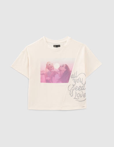 Cremewei&szlig;es M&auml;dchen-T-Shirt mit M&auml;dchen- und Kaugummimotiv - IKKS