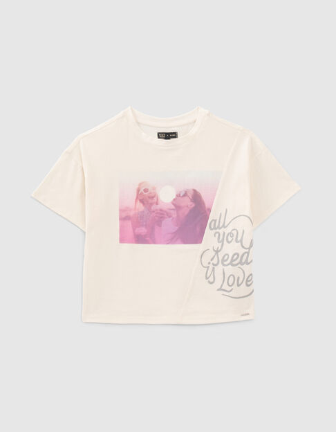 T-shirt écru coton bio visuel filles et chewing-gum fille