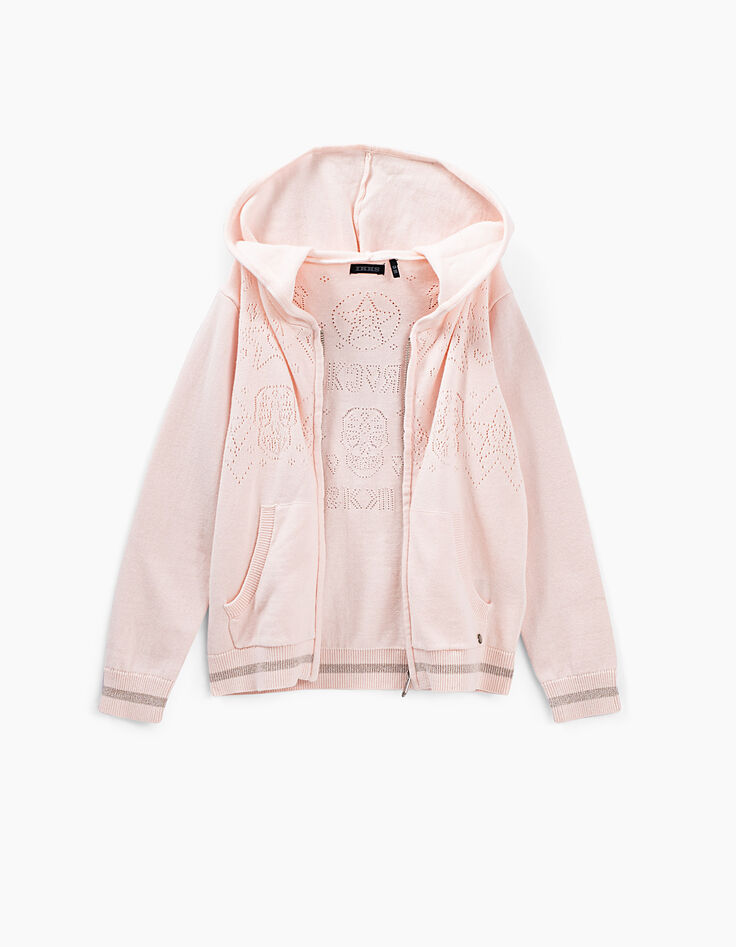 Zartrosa Mädchen-Strickjacke mit Fantasie-Lochmuster-5