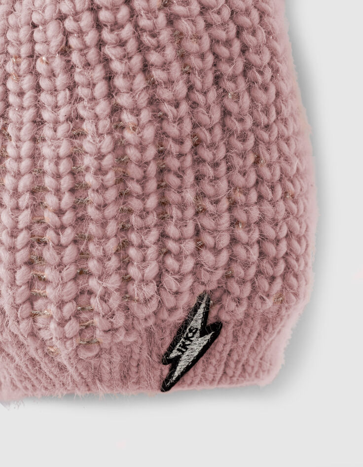 Gorro rosa empolvado punto forrado pompón bebé niña-2