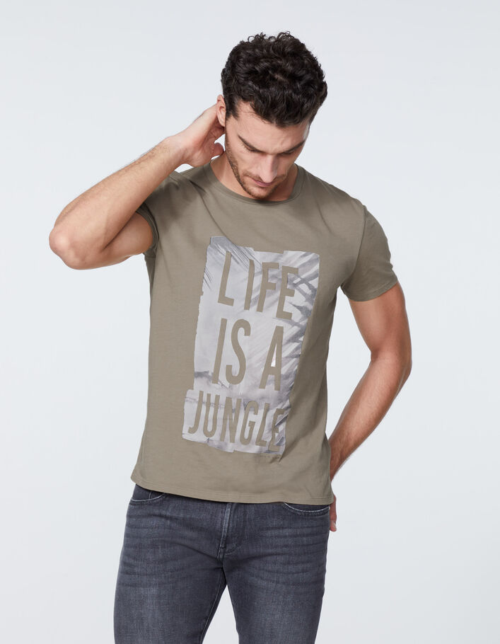 Nerzbraunes Herren-T-Shirt mit Schriftzug mit Palmenprint - IKKS
