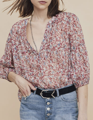 Losse blouse in sluier met bloemenprint op witte achtergrond dames - IKKS