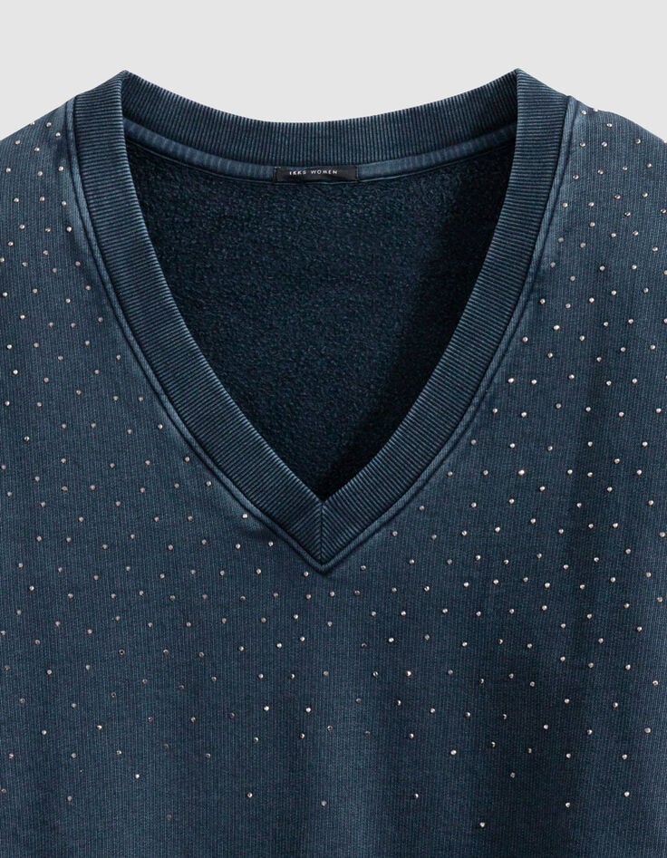 Mujer de algod&oacute;n org&aacute;nico azul marino de diamantes de imitaci&oacute;n su&eacute;ter con cuello en V-7